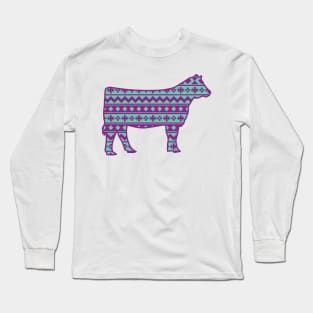 Livestock Show Heifer with Purple & Blue Southwest Aztec Pattern Long Sleeve T-Shirt